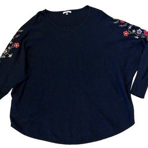 Black Sweater 2X Floral Embroidery Long Sleeves Shirt Tail Hem Rayon Blend Woman